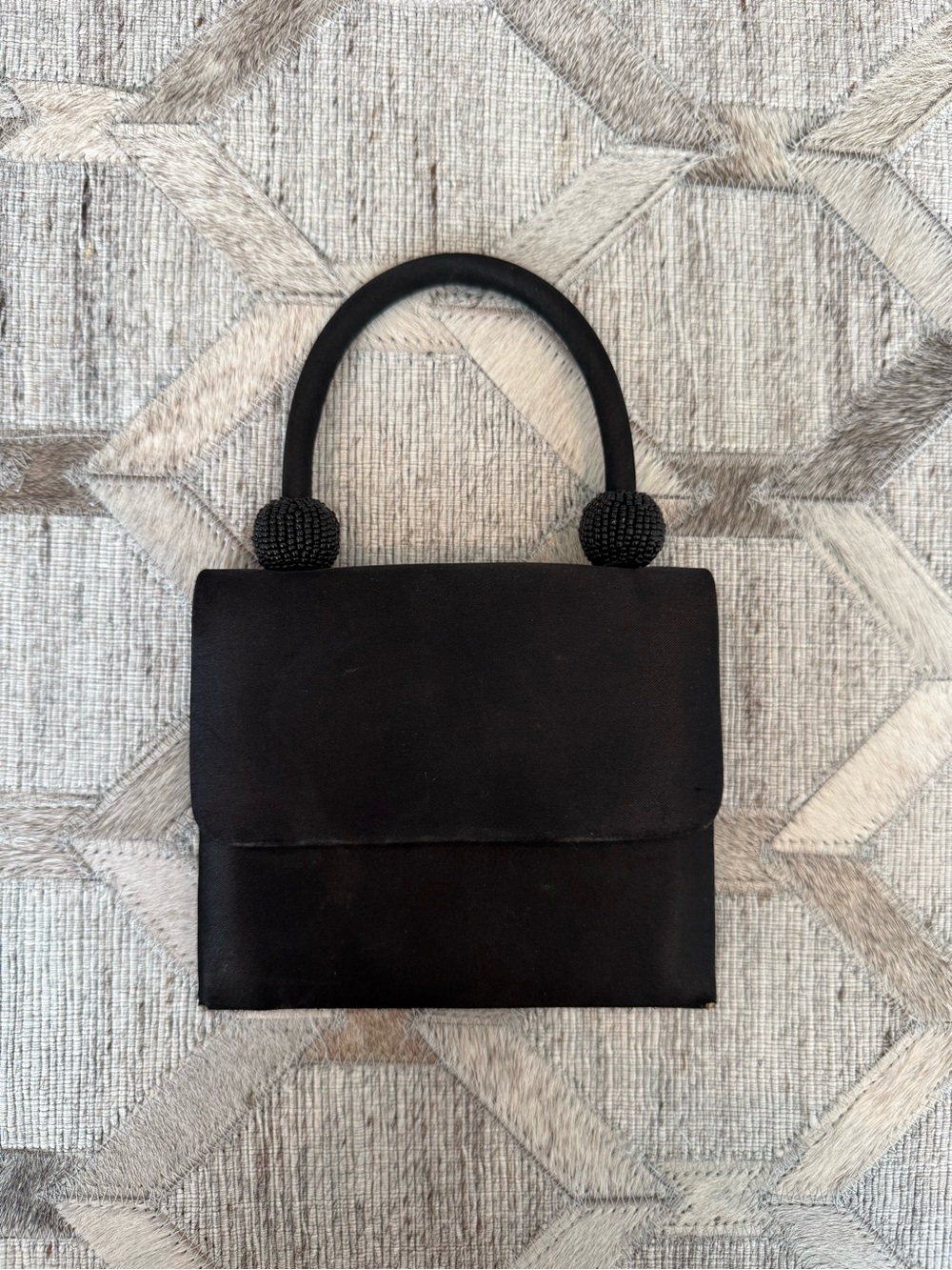 Vintage Y&S Black Satin Evening Bag Beaded Top Handle Crossbody Formal Purse